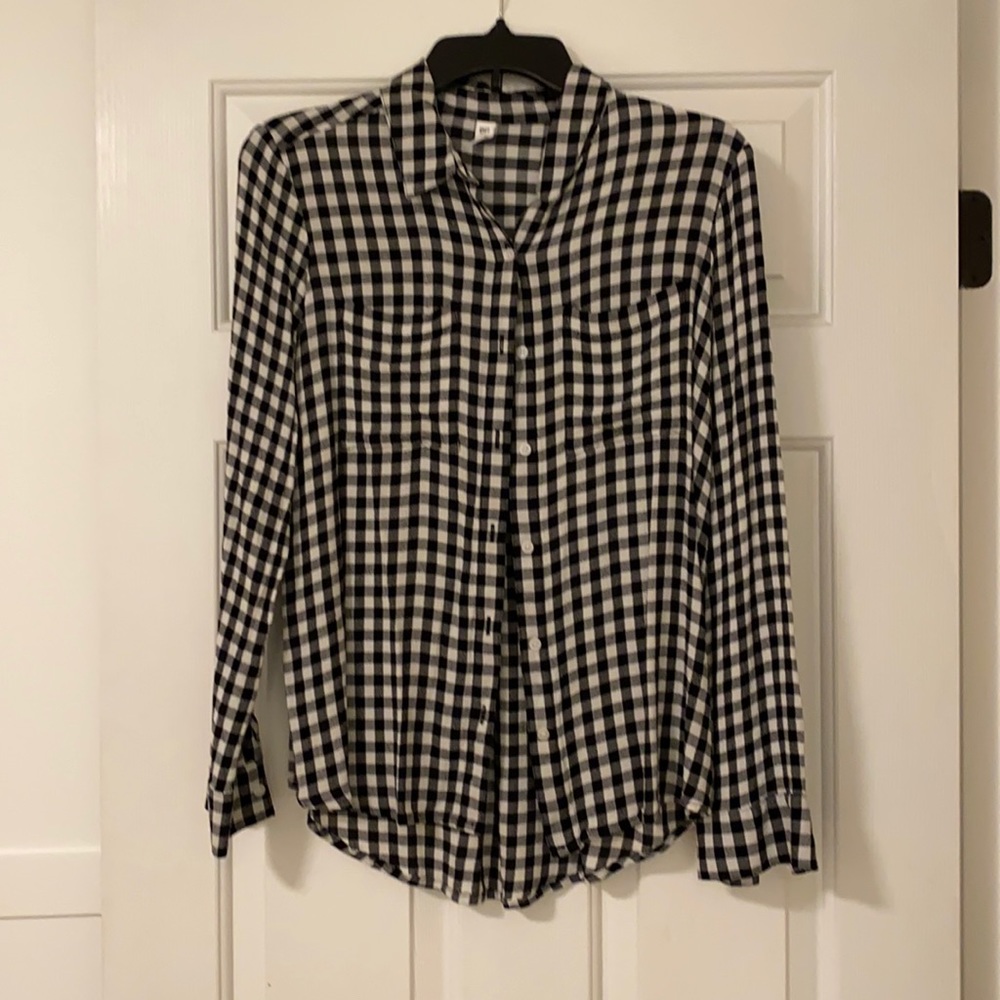 Navy gingham women’s work shirt.